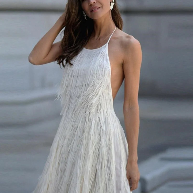 Summer Women Fringed Dress Sexy Elegant Backless Sleeveless Female New Fashion Solid Hanging Neck Casual Club Night Party Dress