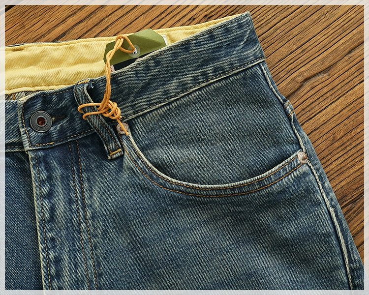 14 oz Red Denim Jeans for Men Retro Slim Straight Stretch made old wash heavy weight hem denim pants trend