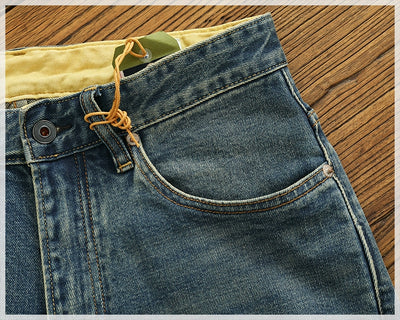 14 oz Red Denim Jeans for Men Retro Slim Straight Stretch made old wash heavy weight hem denim pants trend