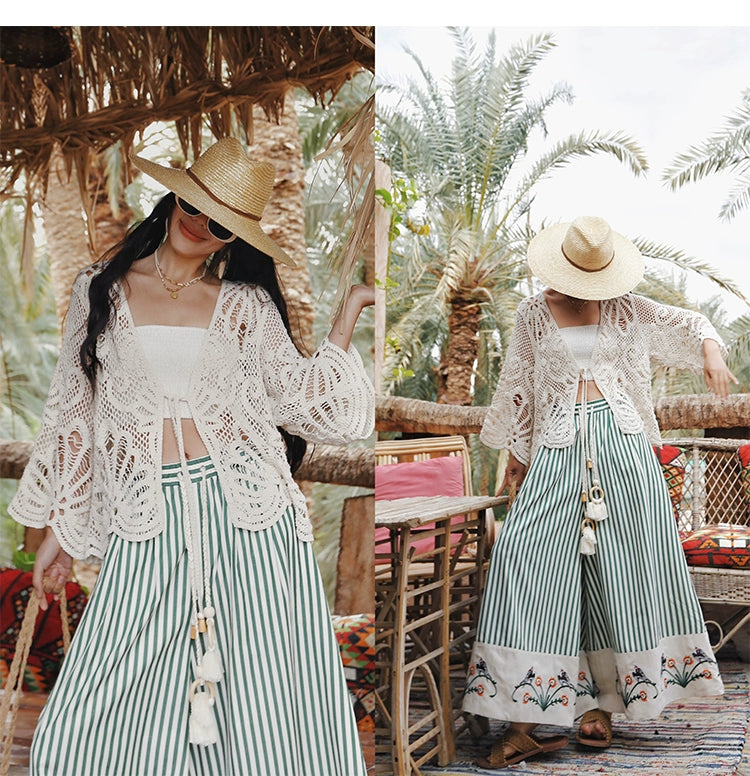 TIYIHAILEY Wide Leg Long Pants For Women Cotton Trousers Elastic Waist Casual Striped Embroidery Ladies 2025 New Fashion