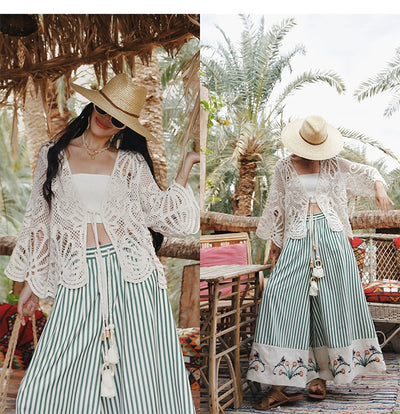 TIYIHAILEY Wide Leg Long Pants For Women Cotton Trousers Elastic Waist Casual Striped Embroidery Ladies 2025 New Fashion