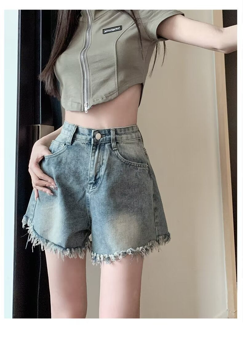 Denim shorts for women in summer, thin cut with holes and frayed edges, design sense, niche high street trendy brand new style