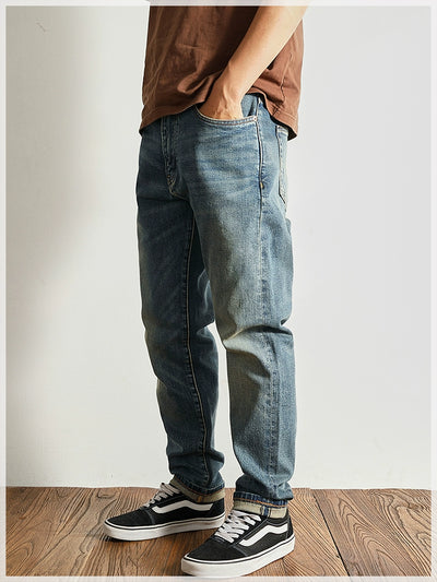 14 oz Red Denim Jeans for Men Retro Slim Straight Stretch made old wash heavy weight hem denim pants trend
