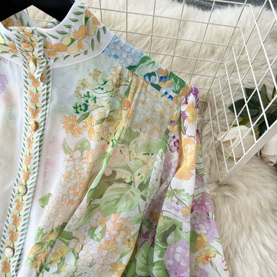 Bohemian Floral Chiffon Summer Dresses for Women 2024 Runway Stand Collar Lantern Sleeve Beach Holiday Long Vestidos Boho Robe