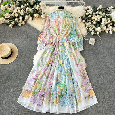Bohemian Floral Chiffon Summer Dresses for Women 2024 Runway Stand Collar Lantern Sleeve Beach Holiday Long Vestidos Boho Robe
