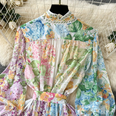 Bohemian Floral Chiffon Summer Dresses for Women 2024 Runway Stand Collar Lantern Sleeve Beach Holiday Long Vestidos Boho Robe