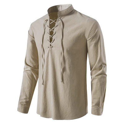 Happyjeffery Mens Cotton Linen Shirt Henry Collar with Drawstring Men Man Long Sleeve Beach Shirts Man Designer Cloth LS51