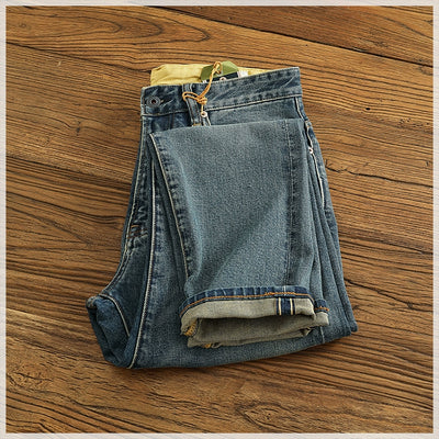 14 oz Red Denim Jeans for Men Retro Slim Straight Stretch made old wash heavy weight hem denim pants trend
