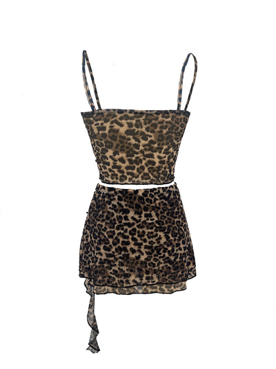 Women's Summer Sexy 2 Pieces Set New Chic Printed Spaghetti Strap Sleeveless Crop Top and Elastic Waist Ruffles Mini Skirt Suits