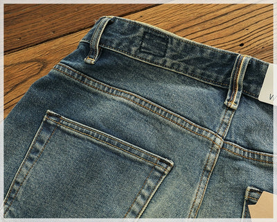 14 oz Red Denim Jeans for Men Retro Slim Straight Stretch made old wash heavy weight hem denim pants trend