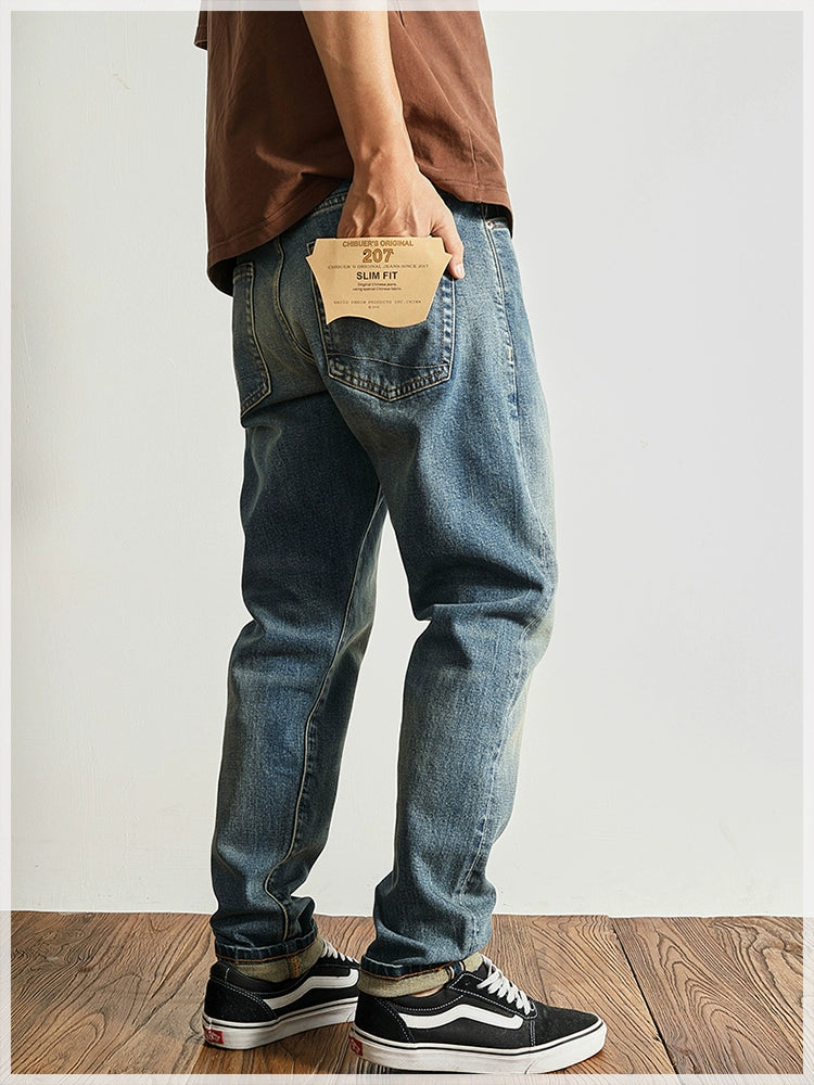 14 oz Red Denim Jeans for Men Retro Slim Straight Stretch made old wash heavy weight hem denim pants trend