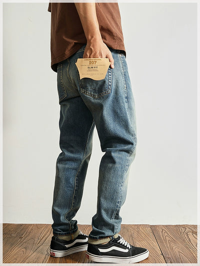 14 oz Red Denim Jeans for Men Retro Slim Straight Stretch made old wash heavy weight hem denim pants trend