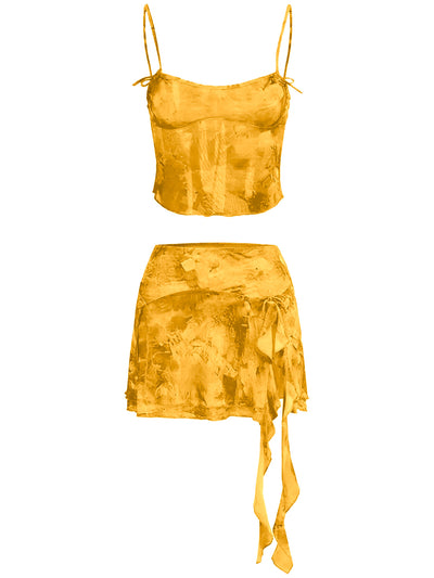 Women's Summer Sexy 2 Pieces Set New Chic Printed Spaghetti Strap Sleeveless Crop Top and Elastic Waist Ruffles Mini Skirt Suits
