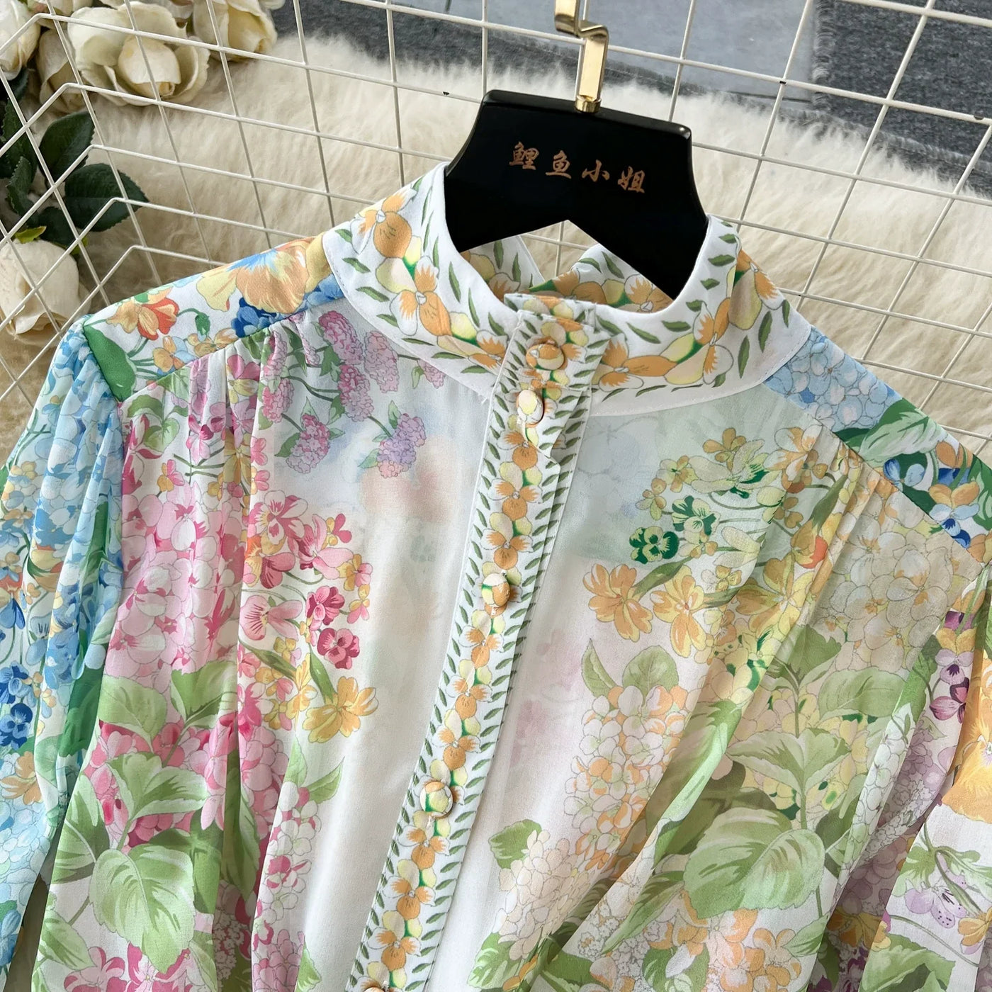 Bohemian Floral Chiffon Summer Dresses for Women 2024 Runway Stand Collar Lantern Sleeve Beach Holiday Long Vestidos Boho Robe