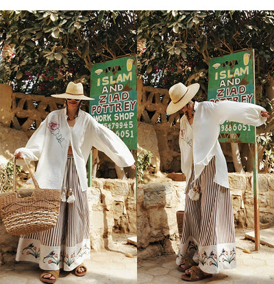 TIYIHAILEY Wide Leg Long Pants For Women Cotton Trousers Elastic Waist Casual Striped Embroidery Ladies 2025 New Fashion