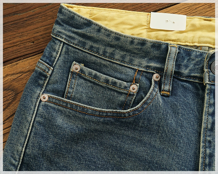 14 oz Red Denim Jeans for Men Retro Slim Straight Stretch made old wash heavy weight hem denim pants trend