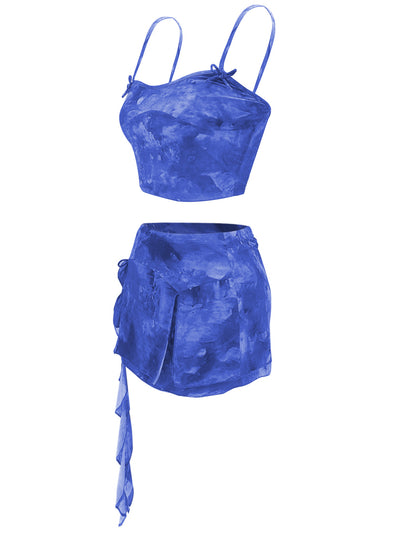 Women's Summer Sexy 2 Pieces Set New Chic Printed Spaghetti Strap Sleeveless Crop Top and Elastic Waist Ruffles Mini Skirt Suits