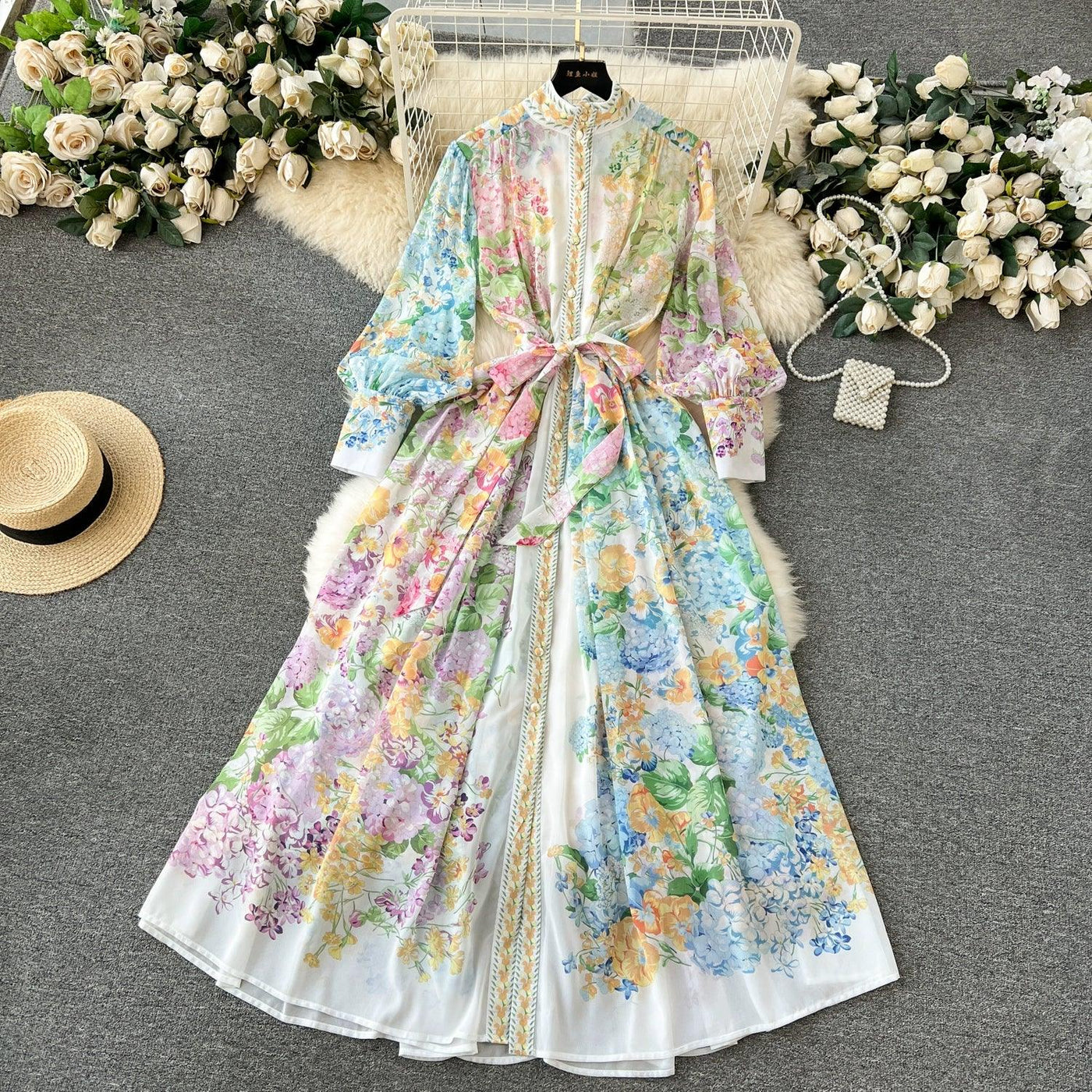 Bohemian Floral Chiffon Summer Dresses for Women 2024 Runway Stand Collar Lantern Sleeve Beach Holiday Long Vestidos Boho Robe