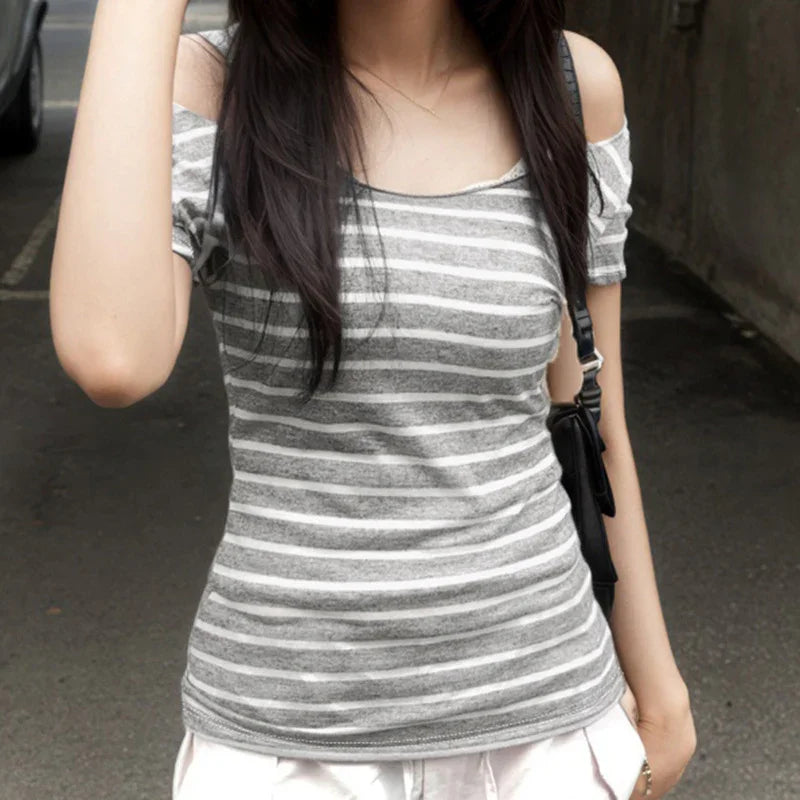Sexy Slash Neck Knitted Smock Women Vintage Slim Thin Long Sleeve All-match Femme Clothing Aesthetic Streetwear Tops