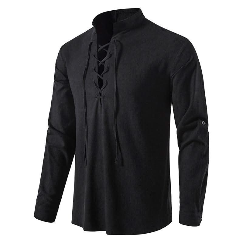 Happyjeffery Mens Cotton Linen Shirt Henry Collar with Drawstring Men Man Long Sleeve Beach Shirts Man Designer Cloth LS51