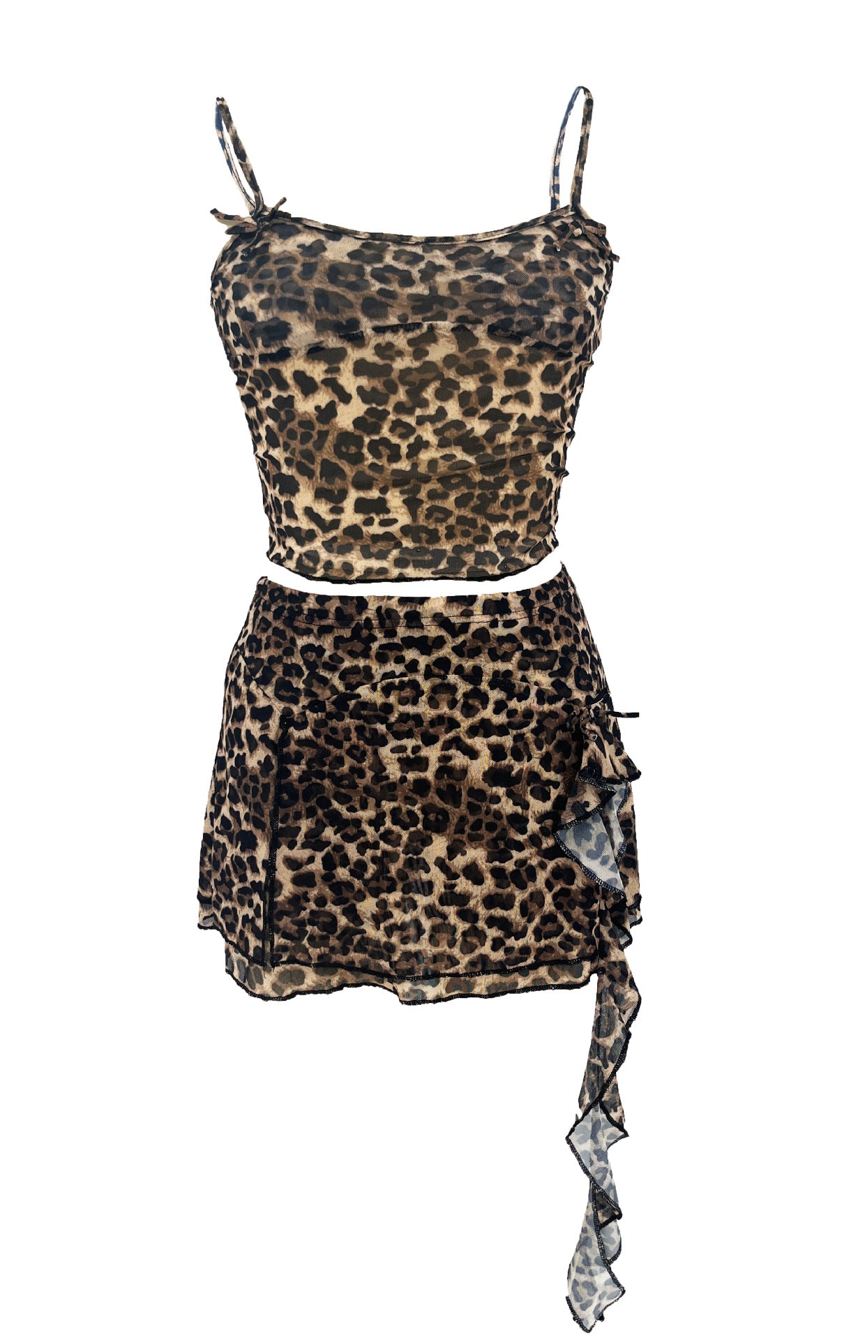 Women's Summer Sexy 2 Pieces Set New Chic Printed Spaghetti Strap Sleeveless Crop Top and Elastic Waist Ruffles Mini Skirt Suits