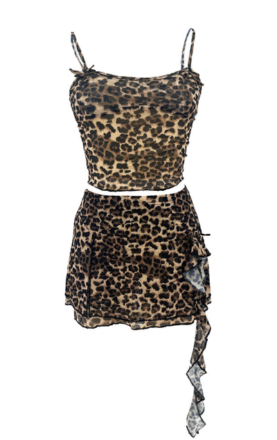 Women's Summer Sexy 2 Pieces Set New Chic Printed Spaghetti Strap Sleeveless Crop Top and Elastic Waist Ruffles Mini Skirt Suits