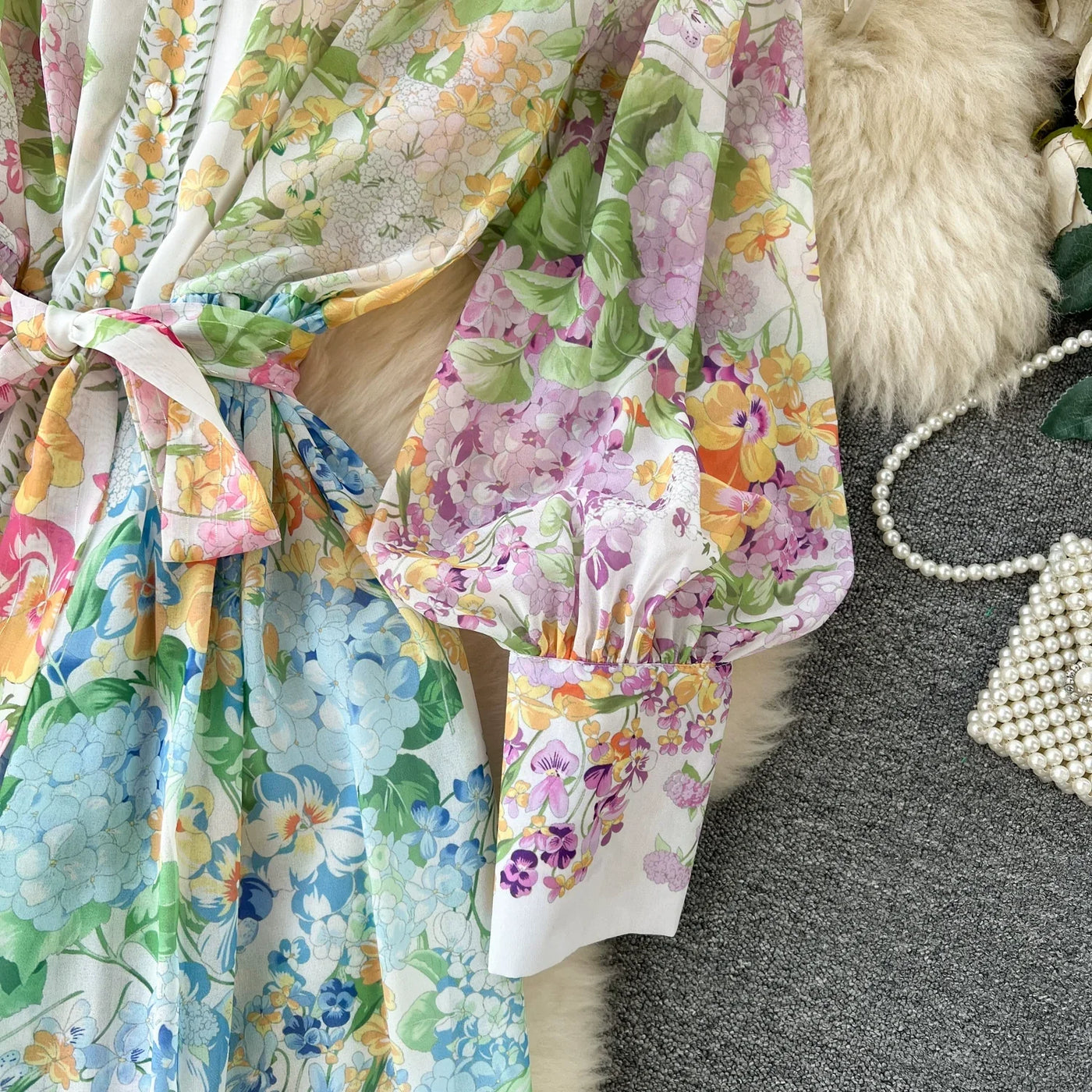 Bohemian Floral Chiffon Summer Dresses for Women 2024 Runway Stand Collar Lantern Sleeve Beach Holiday Long Vestidos Boho Robe