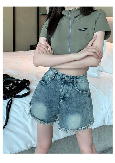 Denim shorts for women in summer, thin cut with holes and frayed edges, design sense, niche high street trendy brand new style