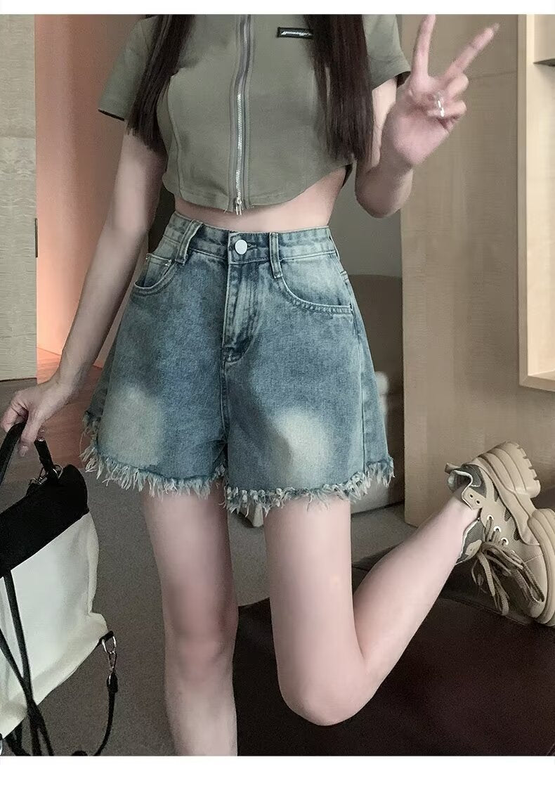 Denim shorts for women in summer, thin cut with holes and frayed edges, design sense, niche high street trendy brand new style