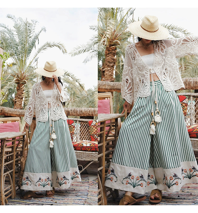 TIYIHAILEY Wide Leg Long Pants For Women Cotton Trousers Elastic Waist Casual Striped Embroidery Ladies 2025 New Fashion