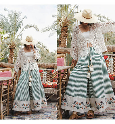 TIYIHAILEY Wide Leg Long Pants For Women Cotton Trousers Elastic Waist Casual Striped Embroidery Ladies 2025 New Fashion