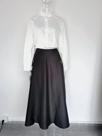 Vintage Elegant Style Lady Solid A-line High Waist Office Casual Wear Women Midi Skirt