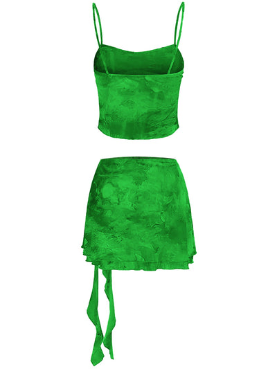 Women's Summer Sexy 2 Pieces Set New Chic Printed Spaghetti Strap Sleeveless Crop Top and Elastic Waist Ruffles Mini Skirt Suits