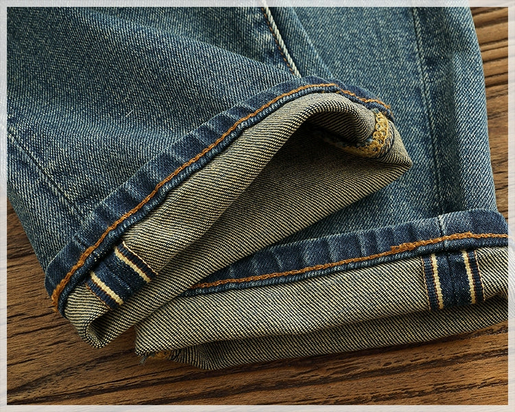 14 oz Red Denim Jeans for Men Retro Slim Straight Stretch made old wash heavy weight hem denim pants trend