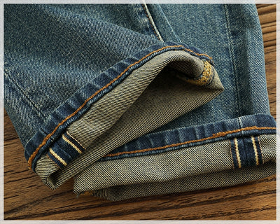 14 oz Red Denim Jeans for Men Retro Slim Straight Stretch made old wash heavy weight hem denim pants trend