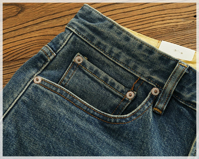 14 oz Red Denim Jeans for Men Retro Slim Straight Stretch made old wash heavy weight hem denim pants trend