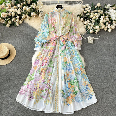 Bohemian Floral Chiffon Summer Dresses for Women 2024 Runway Stand Collar Lantern Sleeve Beach Holiday Long Vestidos Boho Robe