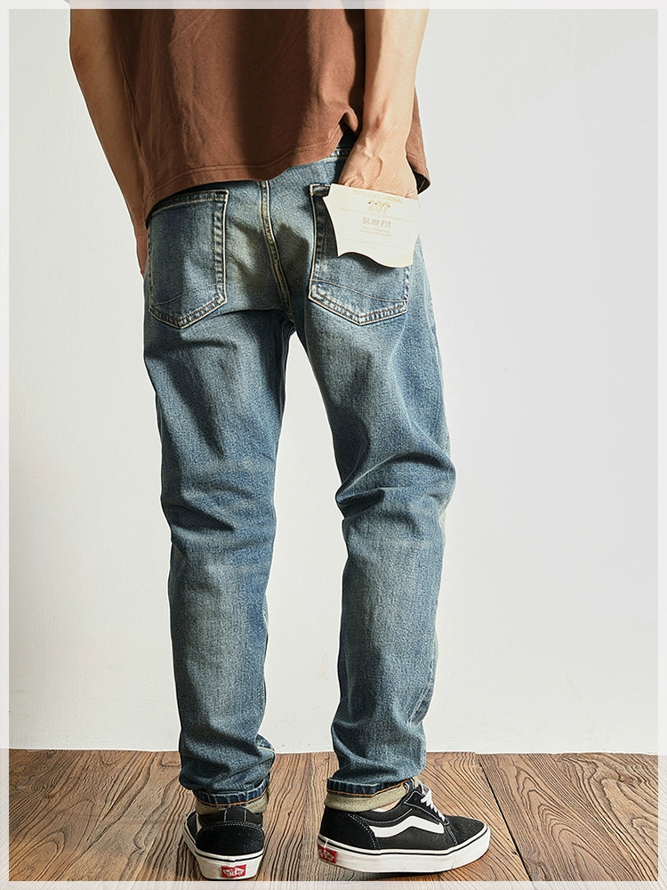14 oz Red Denim Jeans for Men Retro Slim Straight Stretch made old wash heavy weight hem denim pants trend