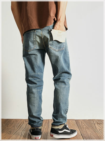 14 oz Red Denim Jeans for Men Retro Slim Straight Stretch made old wash heavy weight hem denim pants trend