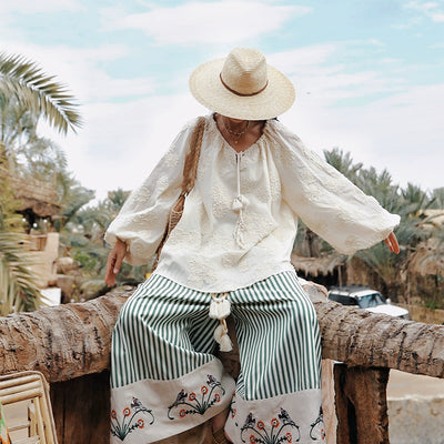 TIYIHAILEY Wide Leg Long Pants For Women Cotton Trousers Elastic Waist Casual Striped Embroidery Ladies 2025 New Fashion