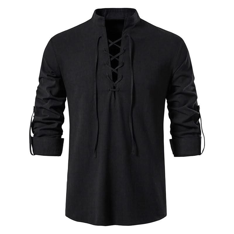 Happyjeffery Mens Cotton Linen Shirt Henry Collar with Drawstring Men Man Long Sleeve Beach Shirts Man Designer Cloth LS51