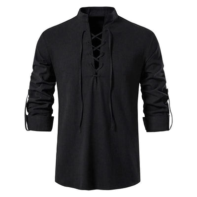 Happyjeffery Mens Cotton Linen Shirt Henry Collar with Drawstring Men Man Long Sleeve Beach Shirts Man Designer Cloth LS51