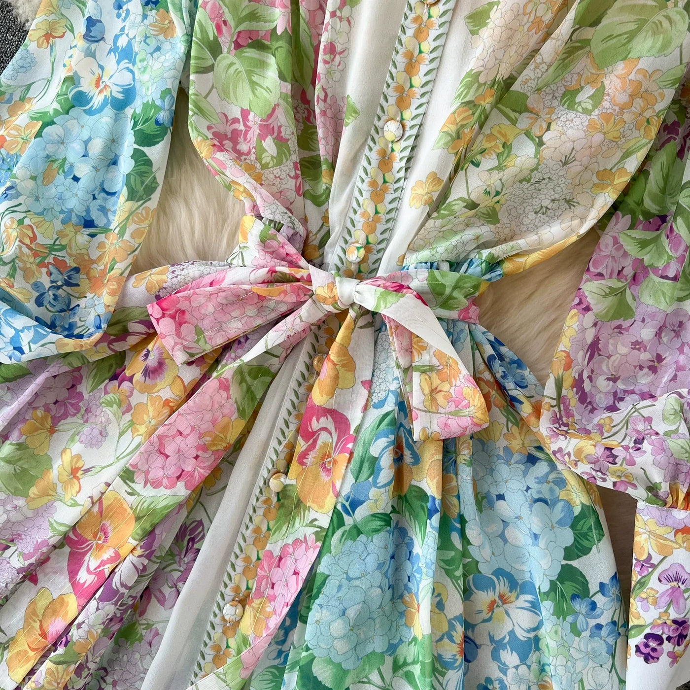 Bohemian Floral Chiffon Summer Dresses for Women 2024 Runway Stand Collar Lantern Sleeve Beach Holiday Long Vestidos Boho Robe