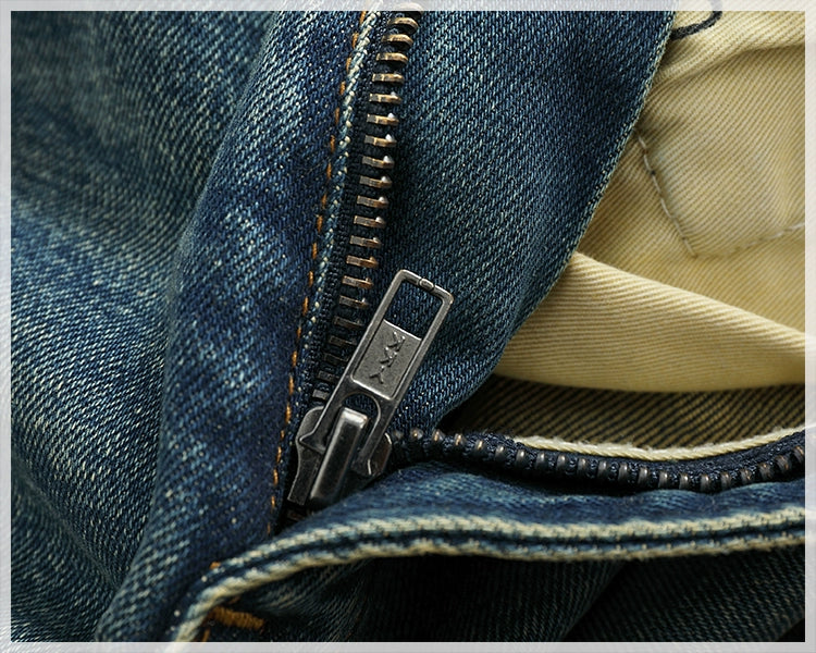 14 oz Red Denim Jeans for Men Retro Slim Straight Stretch made old wash heavy weight hem denim pants trend