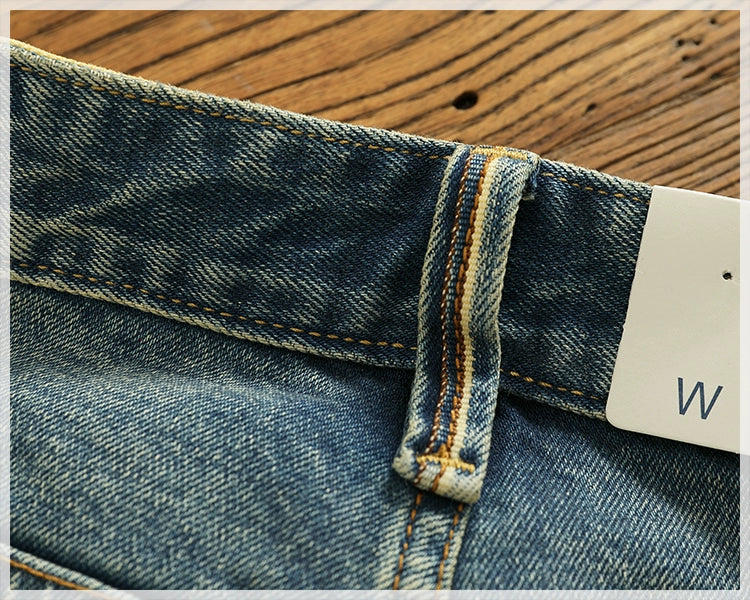 14 oz Red Denim Jeans for Men Retro Slim Straight Stretch made old wash heavy weight hem denim pants trend