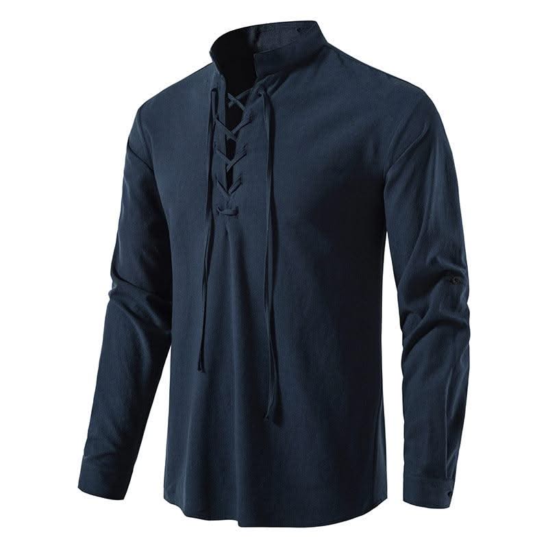 Happyjeffery Mens Cotton Linen Shirt Henry Collar with Drawstring Men Man Long Sleeve Beach Shirts Man Designer Cloth LS51