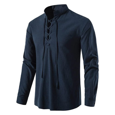 Happyjeffery Mens Cotton Linen Shirt Henry Collar with Drawstring Men Man Long Sleeve Beach Shirts Man Designer Cloth LS51
