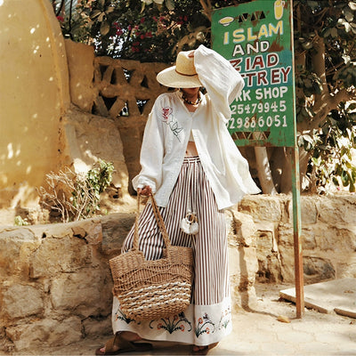 TIYIHAILEY Wide Leg Long Pants For Women Cotton Trousers Elastic Waist Casual Striped Embroidery Ladies 2025 New Fashion