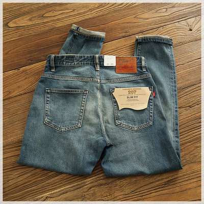14 oz Red Denim Jeans for Men Retro Slim Straight Stretch made old wash heavy weight hem denim pants trend