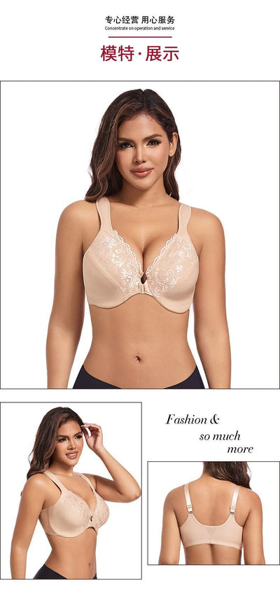 Front Closure Minimizer Bra for Womens Lace Floral Unlined Support Mesh Underwire Female Plunge Lingerie M L XL 3XL 4XL 5XL